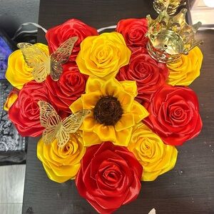 Red and Yellow Satin Rose Bouquet with Sunflower Accent